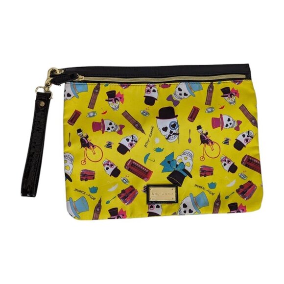 Betsey Johnson Large Yellow Steampunk Skulls London Cosmetic Makeup Bag 12 x 10" - Picture 1 of 6